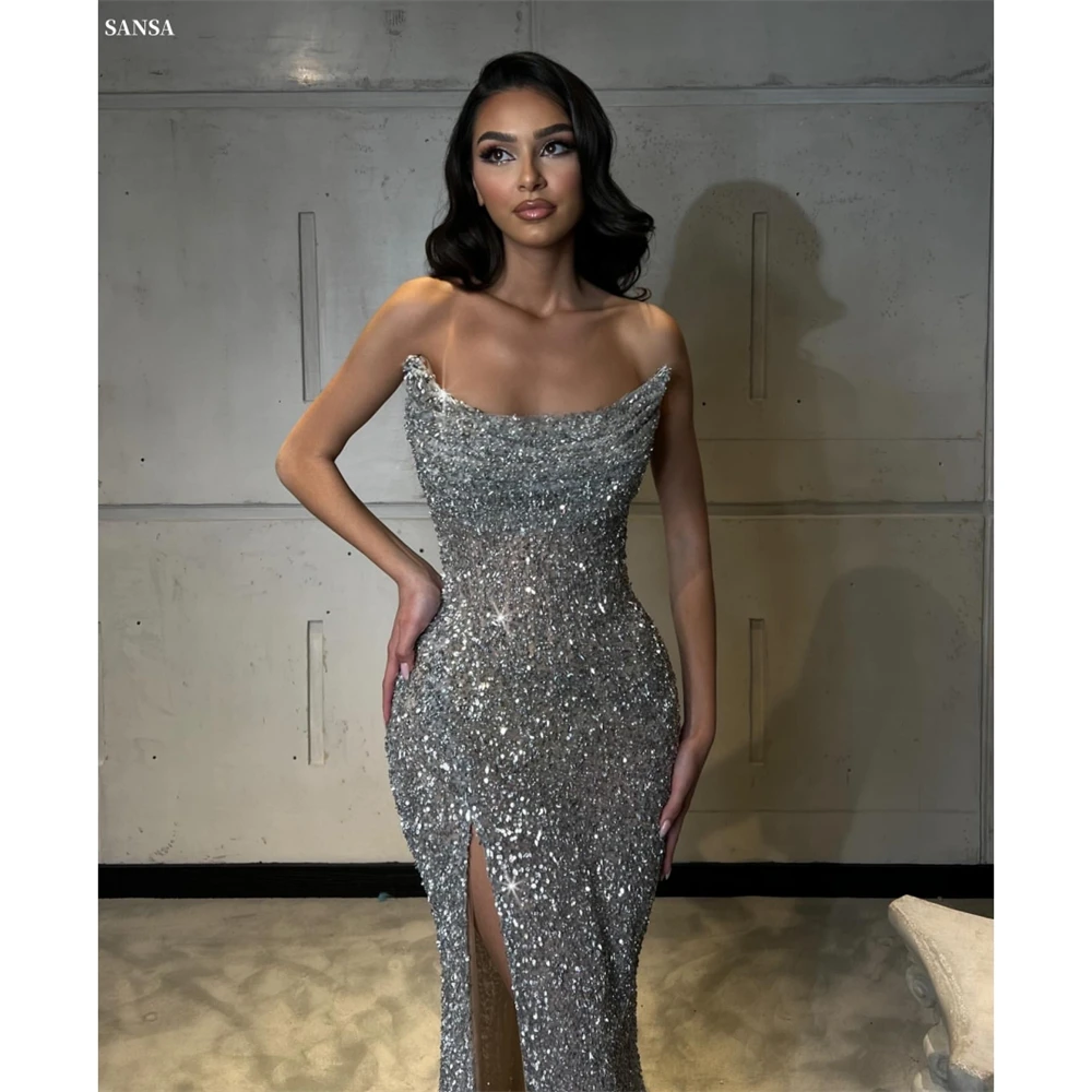 

Sansa Customized Silvery Trumpet Shiny Sequins Pleats Prom Dress Glitter Side Split Vestidos De Noche Floor-Length Evening 2025