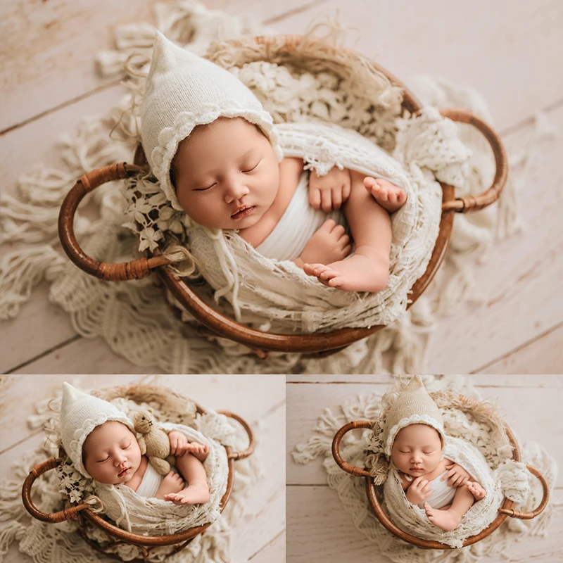 Newborn Photography Props Stretch Wrap Baby Girl Photo Set Rattan weaving Basket Shoot Prop Backdrop Blanket Studio Accessories