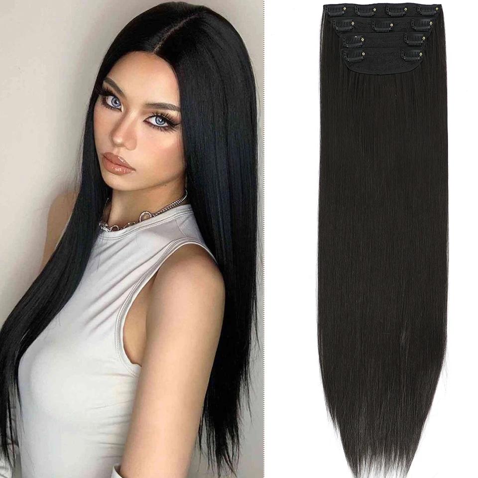 

Black #1B 24inch Straight Clip in Hair Extensions 4Pcs/200g/pack Natural Bio Human-Like High Temperature Fiber Women Hairpieces