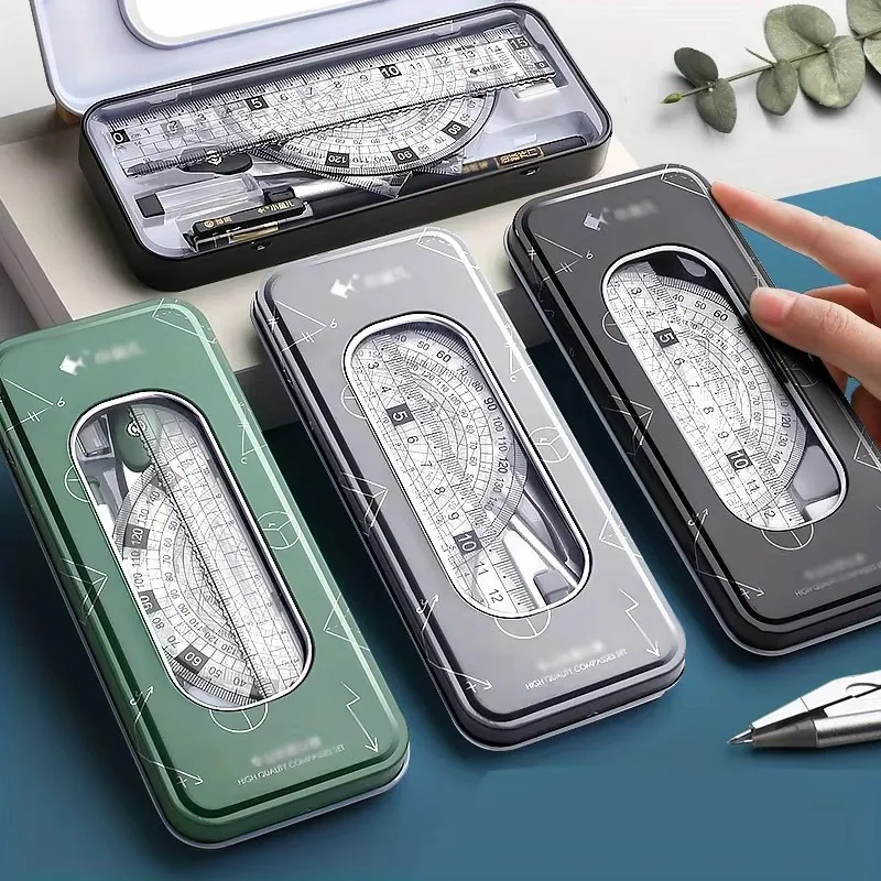Exquisites 8-in-1-Lineal, Schreibwaren-Set, Kompasse aus Aluminiumlegierung, multifunktionales Kombinationslineal, Dreieck, Winkelmesser, Zeichnung, Geschenk