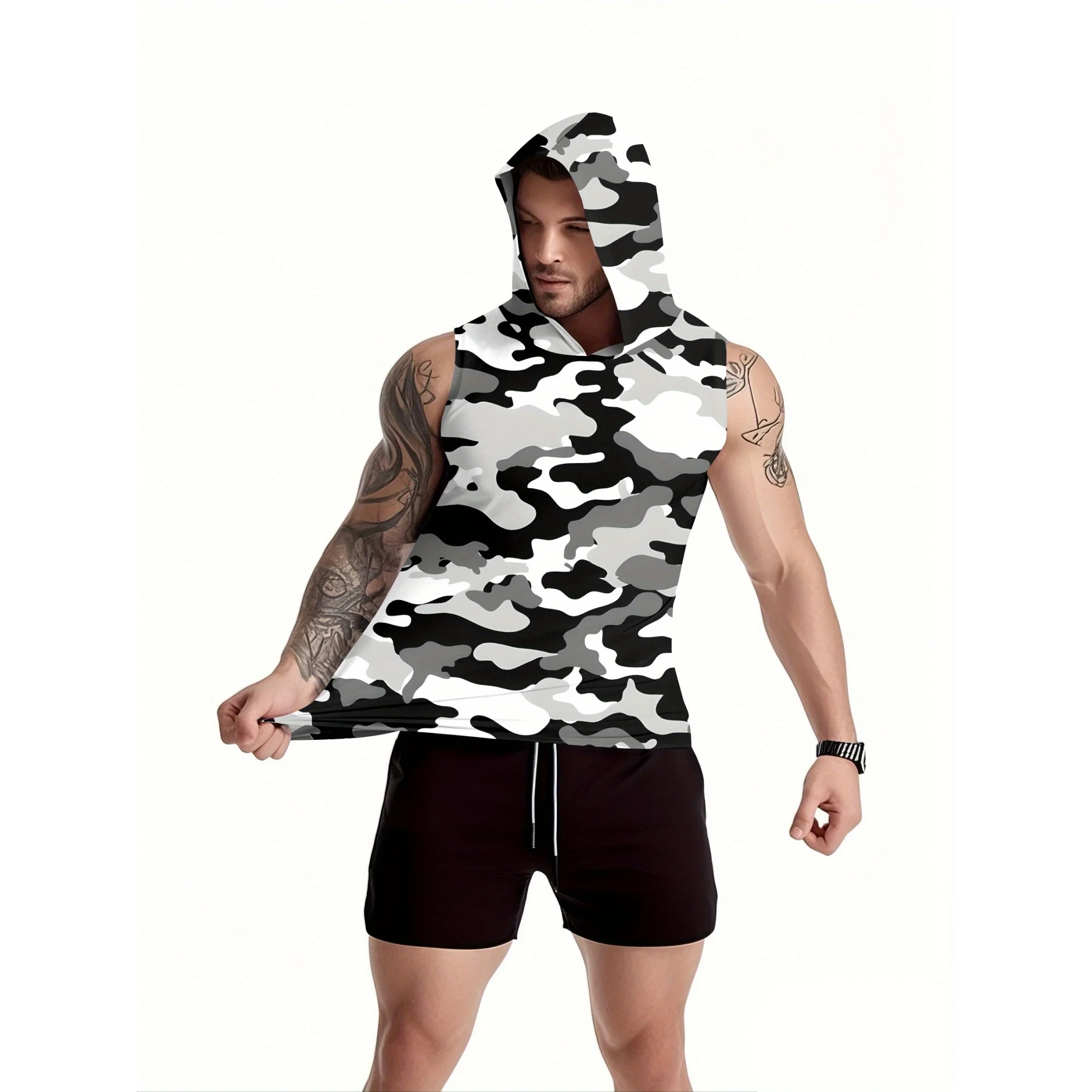 Atmungsaktives Schnee-Tarnmuster Ärmelloses Kapuzen-Trainingsshirt für Herren Vollständig Camouflage-Bedrucktes Ärmelloses Laufshirt für Jagd, Angeln und Sport – Detail 4