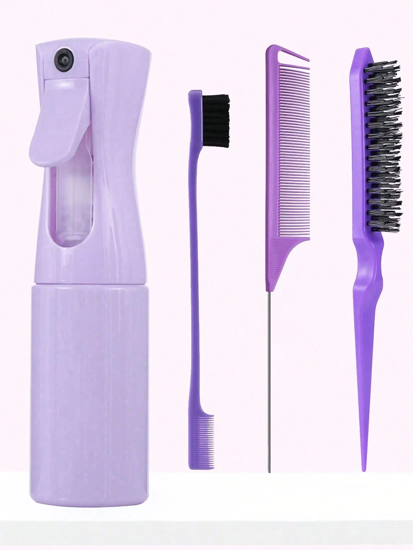 

4pcs Spray Bottle And Hairbrush Set, 1 Spray Bottle + 1 Pointy Tail Comb + 1 Eyebrow Brush + 1 Fluffy Comb, Hair Brush For Boys And Girls, Comb Brush For Wet And Dry Curls, Parting Brush, Brush For Coarse And Fine Hair Treatment, Makeup, Black Five Set, C