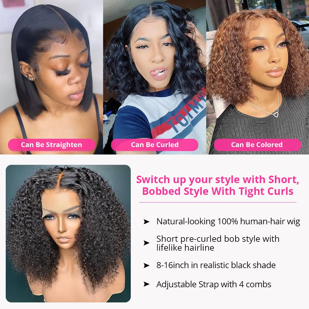 200% Density Deep Wave Curly Short Bob Wig Brazilian Human Hair 13x4 HD Transparent Lace Frontal Wigs Pre Plucked With Baby Hair