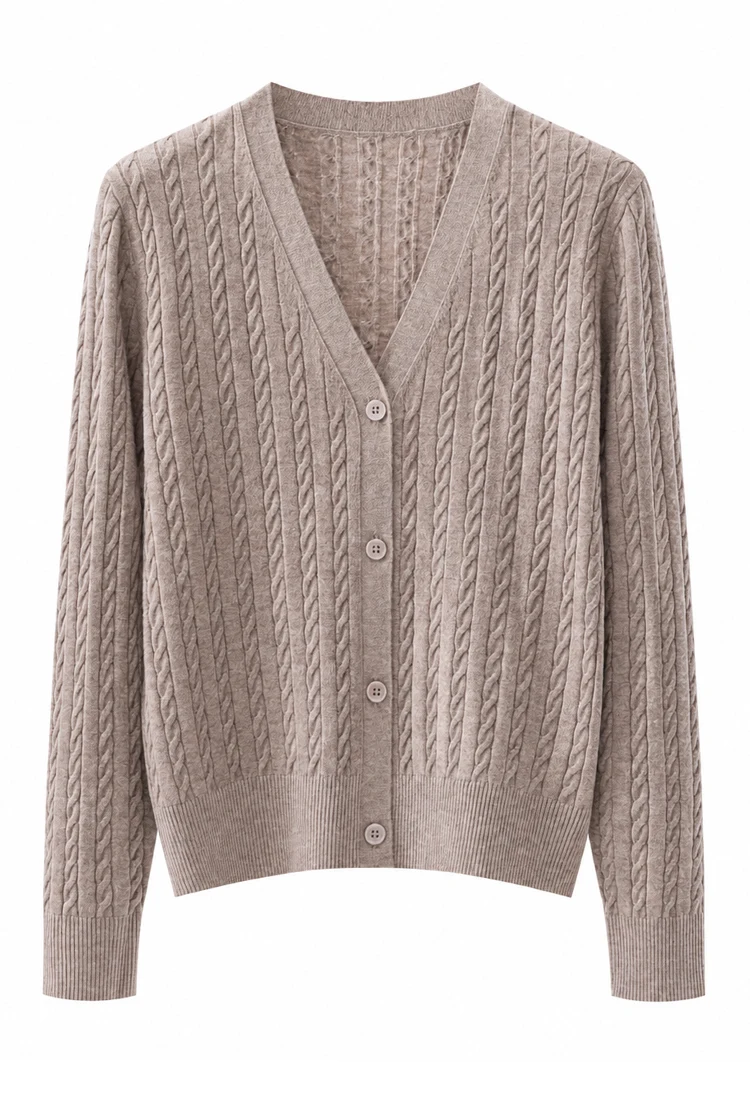 MZ62011 Damen Elegante V-Ausschnitt Zopfmuster Langarm-Strickjacke mit Knöpfen, Locker Geschnitten, Einfarbig, Modal-Mischung, Frühherbst-Pullover – Detail 6