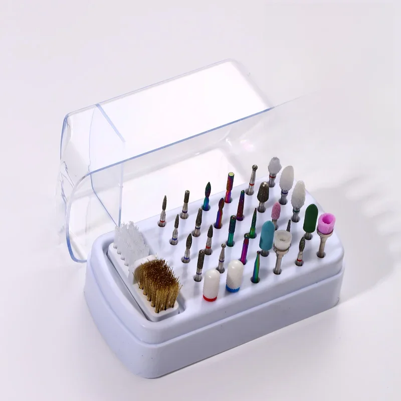 Boîte de rangement pour forets à ongles, 30 trous, support de tête de meulage, présentoir, nettoyant, coupe-poussière, outil de manucure