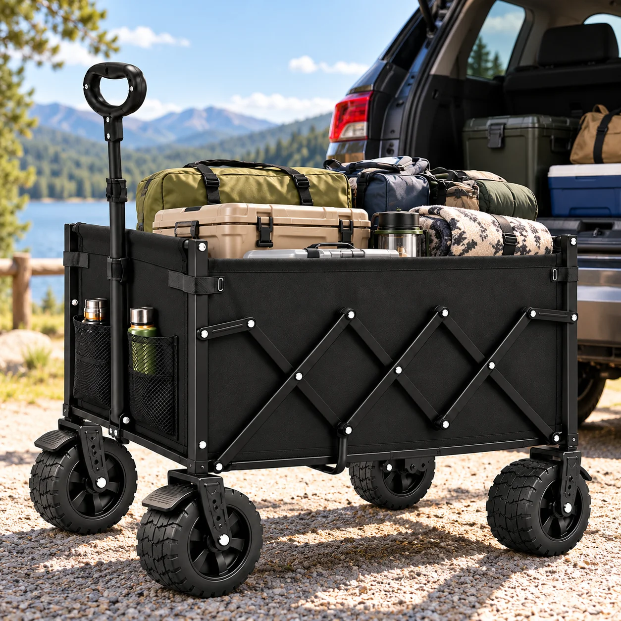 739/600/375LBS Heavy Duty Folding Wagon Cart, Large Capacity Collapsible Utility Wagon with Reinforced Steel Frame, Durable Oxford Fabric, Adjustable Handle, Extra Wide All-Terrain Wheels & Side Storage Pockets for Camping, Shopping, Garden, Beach & Outdo - view 6