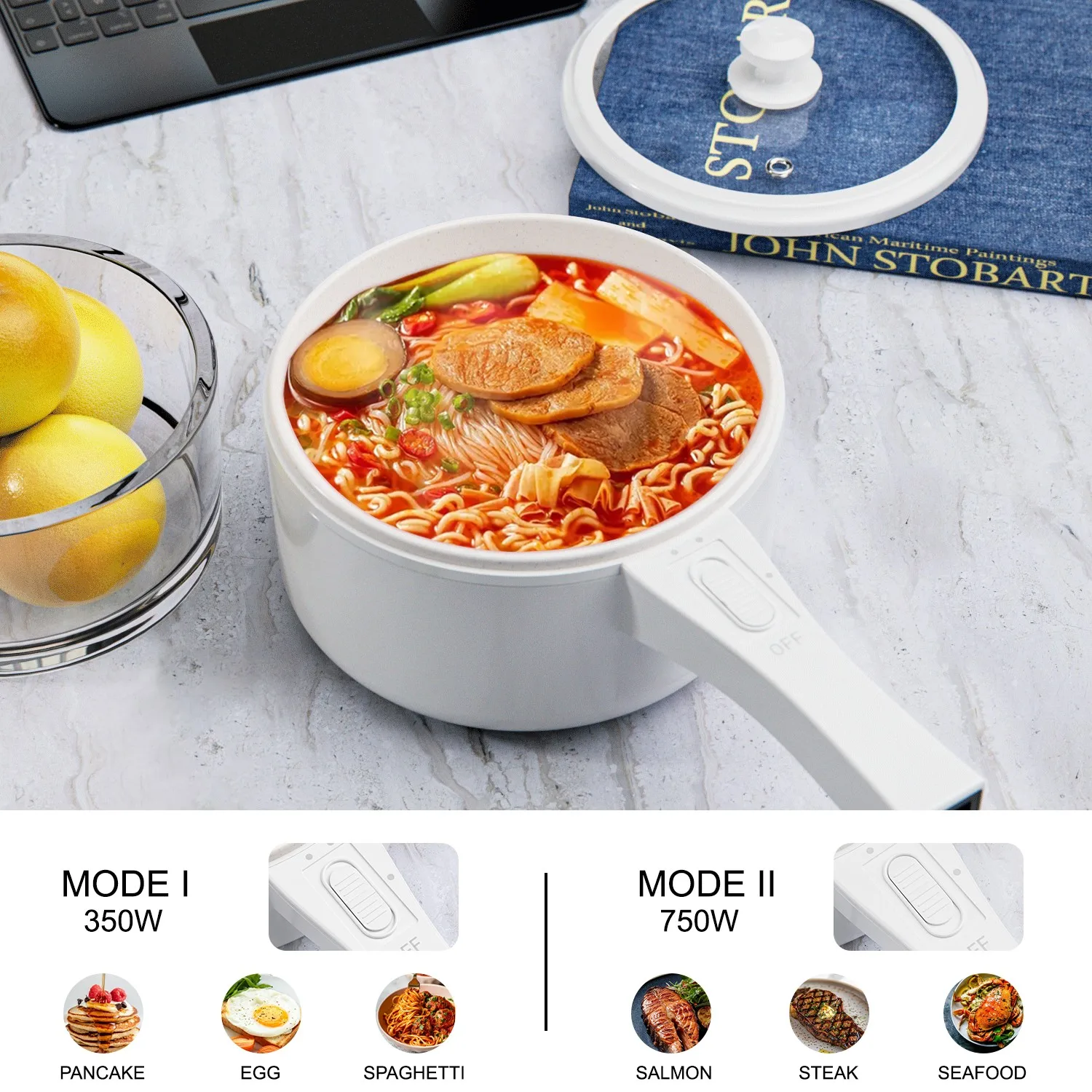 Hot Pot Electric with Steamer, Non-Stick Fryer Pan, 1.5L Rapid Noodles Electric Pot for Steak, Soup with Power Adjustment