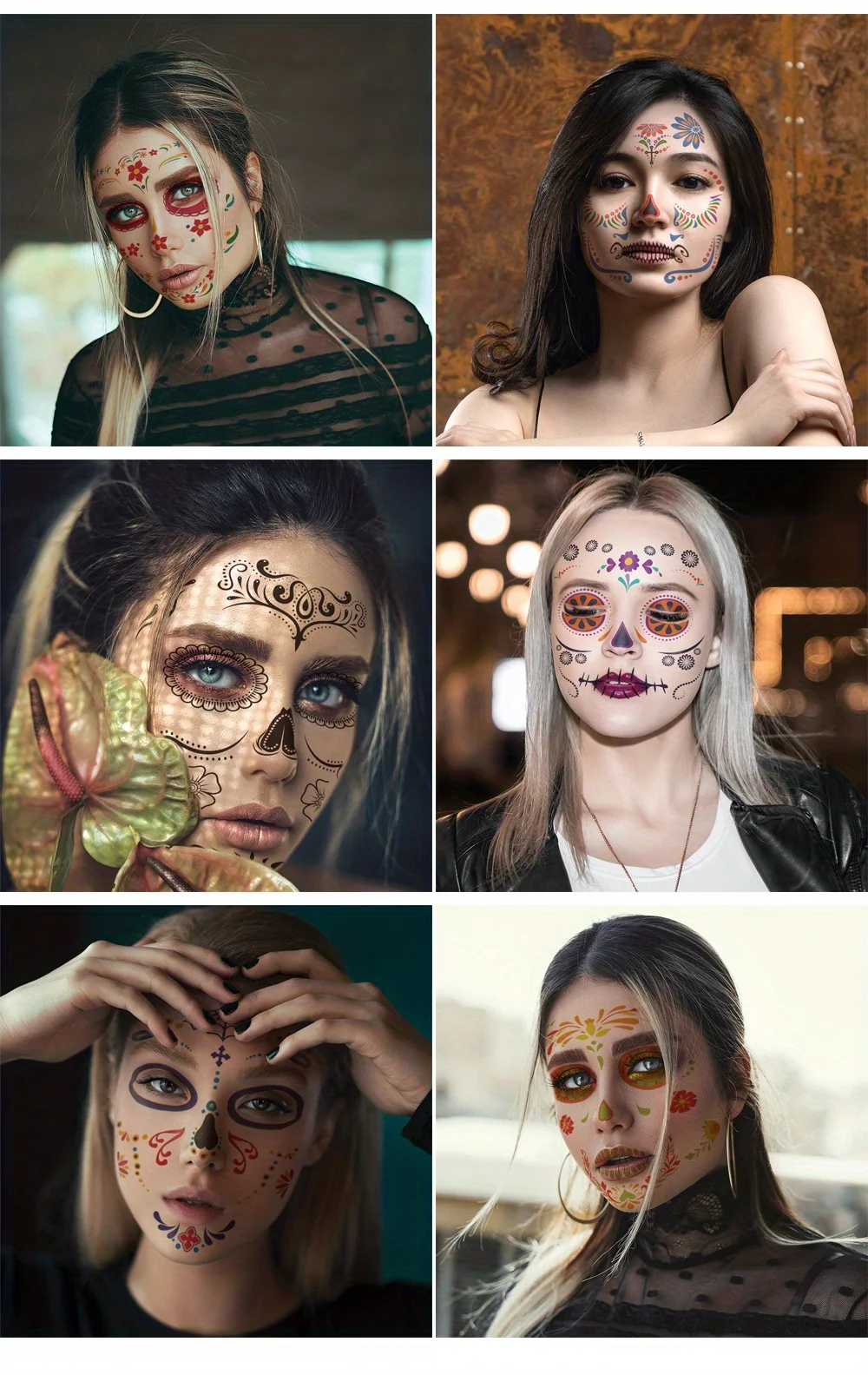 Halloween Temporäre Tattoos Aufkleber Tag der Toten La Catrina Gesicht Tattoos Schädel Wasserdichte Tattoos Aufkleber Party Make-Up Aufkleber – Detail 6