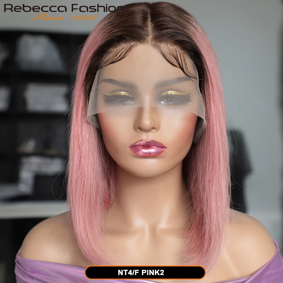 Farbige Ombre Rosa Bob T Teil Spitze Perücken Gerade Echthaar Lace Front Perücken Vorgezupfte Blonde Gerade Lace Front Perücken