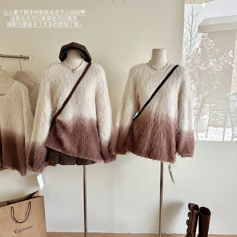 

Sweet Gradient Color V-Neck Sweaters Woman Winter Thick Soft Glutinous Knitted Sweater Women Retro Loose Long Sleeve Top