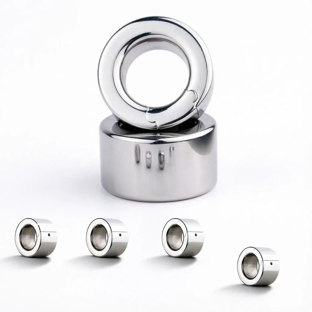 SXM Anillo Escrotal de Acero Inoxidable, Estirador de Bolas para Hombres, Resistente, Abrible, Tallas S-XL, Juguete Sexual