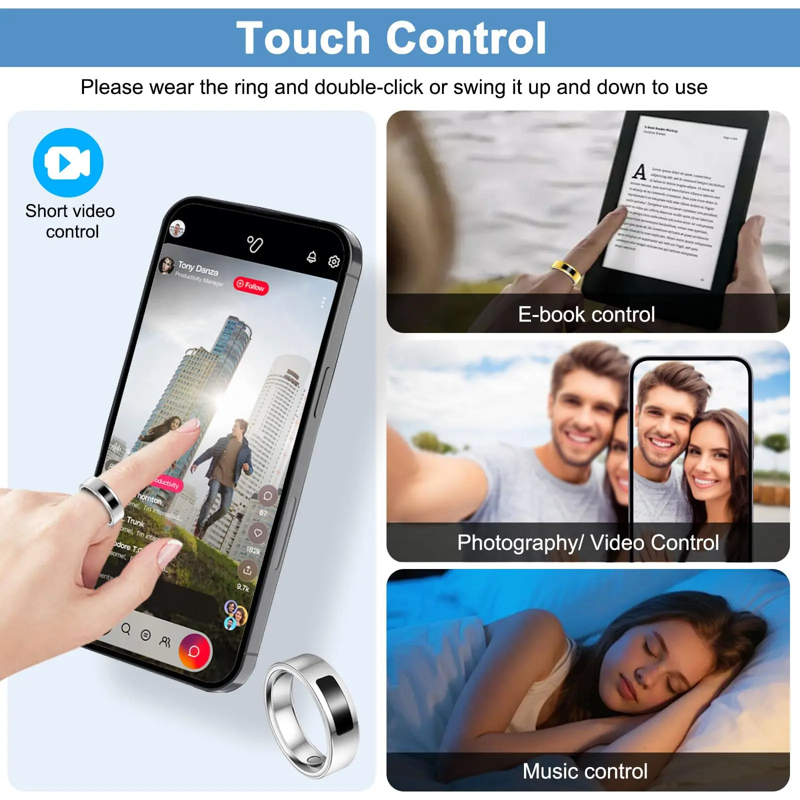 خاتم صحي ذكي للنساء والرجال، حلقة تتبع اللياقة البدنية للتحكم باللمس مع معدل ضربات القلب للنوم لهواتف iPhone وAndroid #5