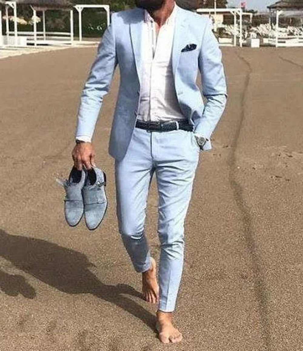 Light Sky Blue Slim Fit Men Prom Suits Notched Lapel Bride Groom Beach Wedding Tuxedos Blazers Sets 2 Pieces (Jacket+Pant)