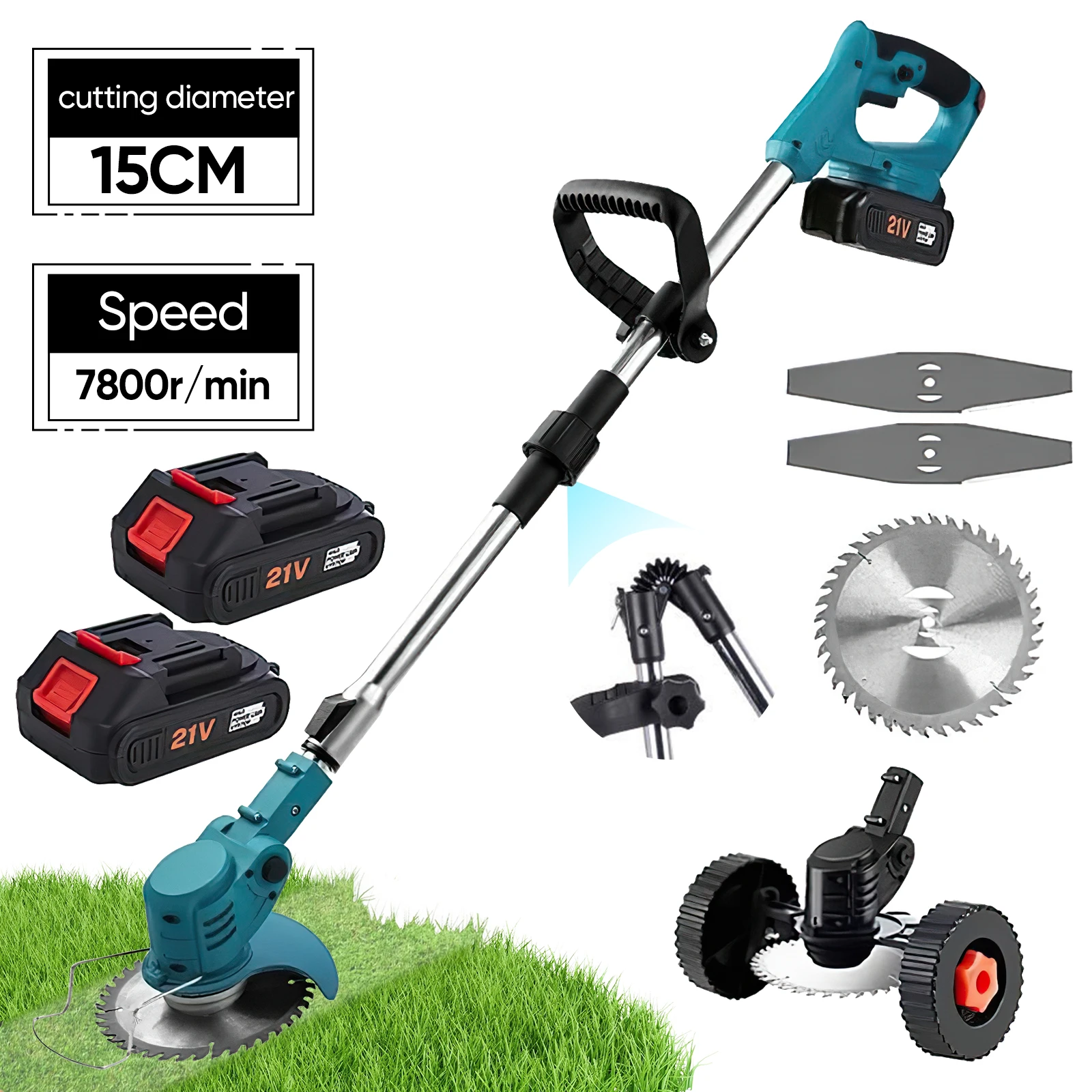 Kabelloser Elektrischer Rasenmäher 7800/min Rasentrimmer Faltbar Einstellbar 100-135cm Garten-Unkrautentfernungs- und Beschneidewerkzeug für Makita 21V Akku – Detail 1