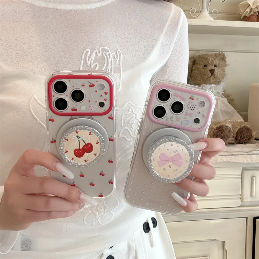 

Korea Polka Dot Cherry Bow Magnetic Phone Case With Magsafe Glitter Mirror For iPhone 15 16 Pro 17 Pro Max Cute Shockproof Cover