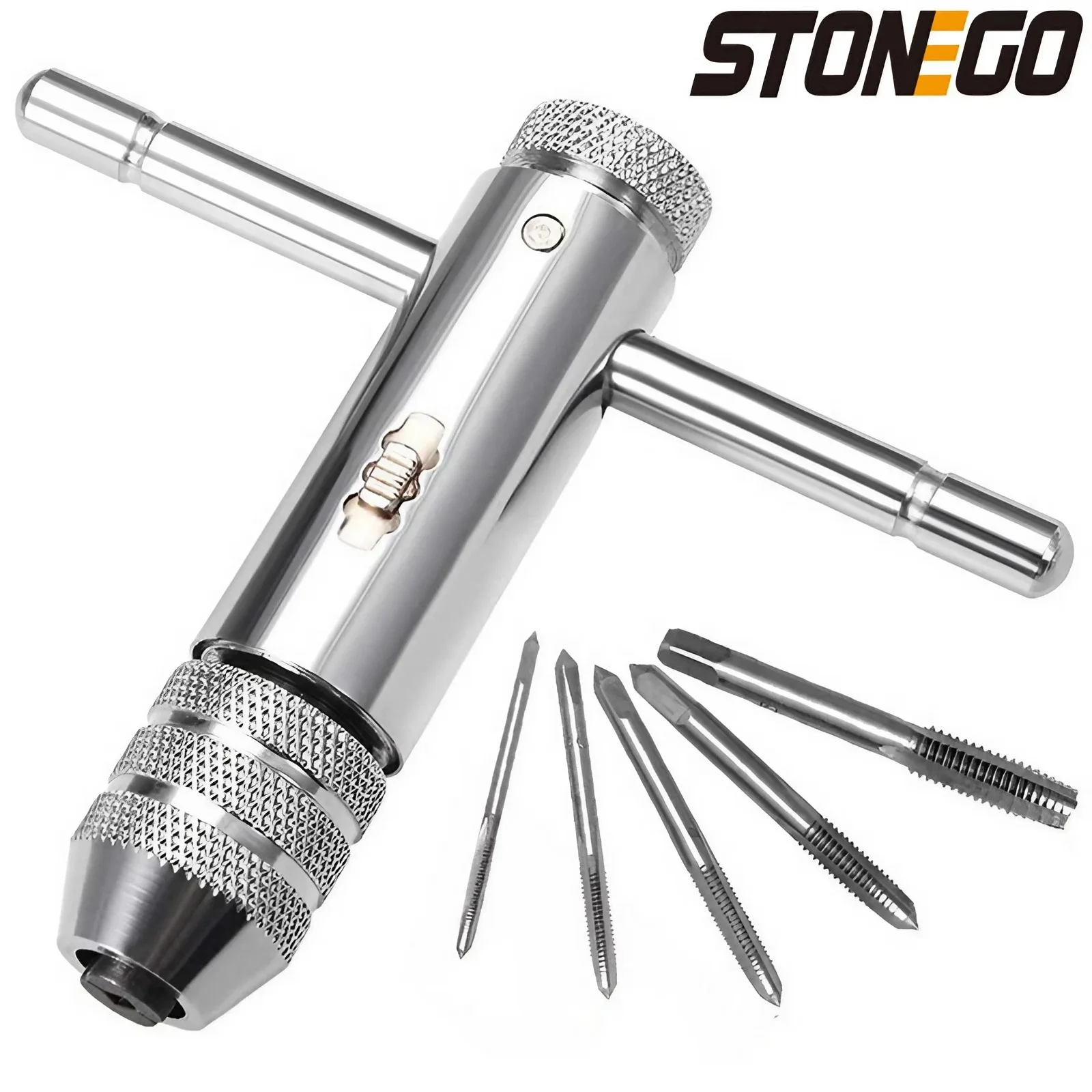 STONEGO T-Handle Ratchet Tap Holder Wrench with 5PCS M3-M8 3mm-8mm Metric Plug Taps