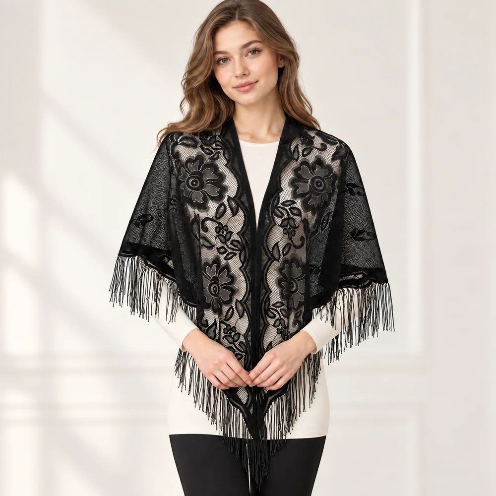 Women Floral Lace Triangle Shawl Elegant Fringe Wrap Lightweight Sheer Scarf Bridal Evening Party Shoulder Cover Up