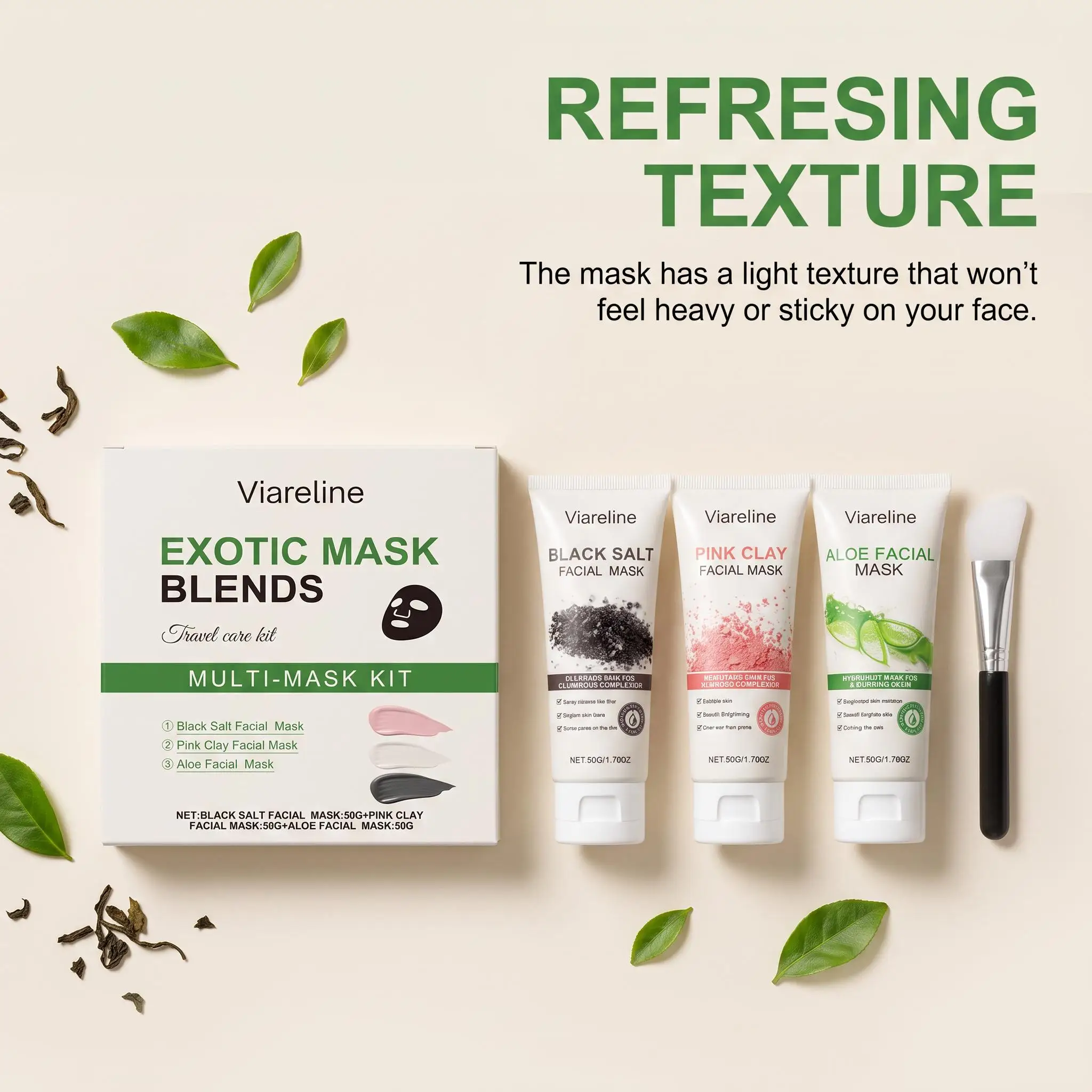 Viareline 3-Piece Face Mask Set Black Salt Pink Clay Aloe Vera Masks with Brush Purifying Brightening Hydrating Multi-Mask Skincare Kit
