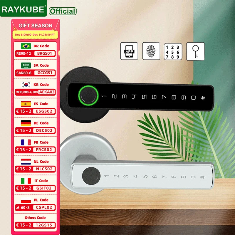 RAYKUBE M5 TT Lock BLE Smart Fingerprint Door Lock Electronic Lock with Password/Key/TT Lock APP Unlock Passage Mode For Bedroom