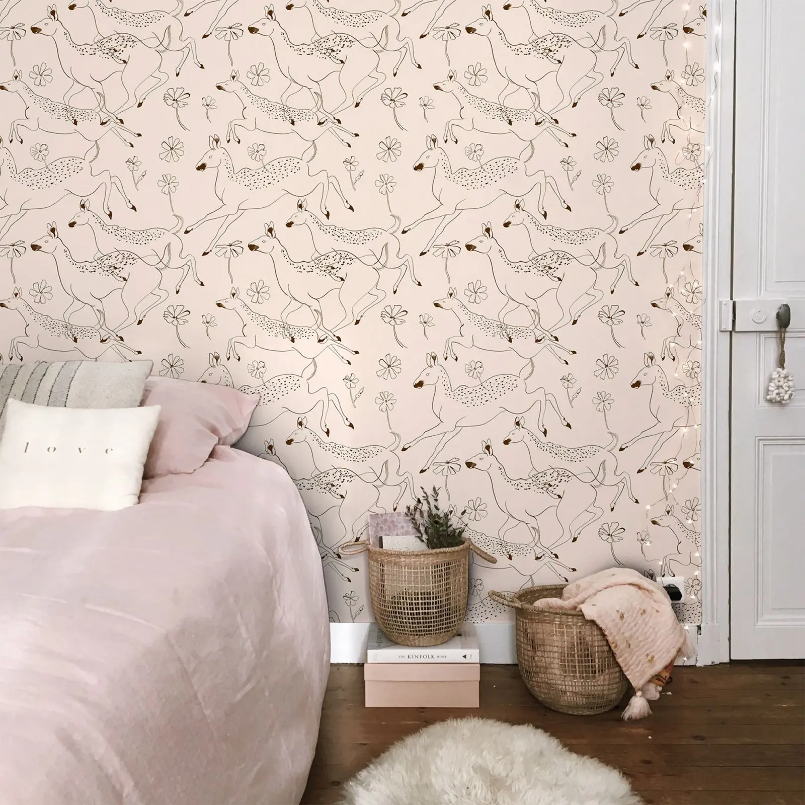 Children's Wallpaper Jumping Bambis in Peach with frivolous deer dancing over a Peach Back, Fantastic nursery wallpaper for Kids