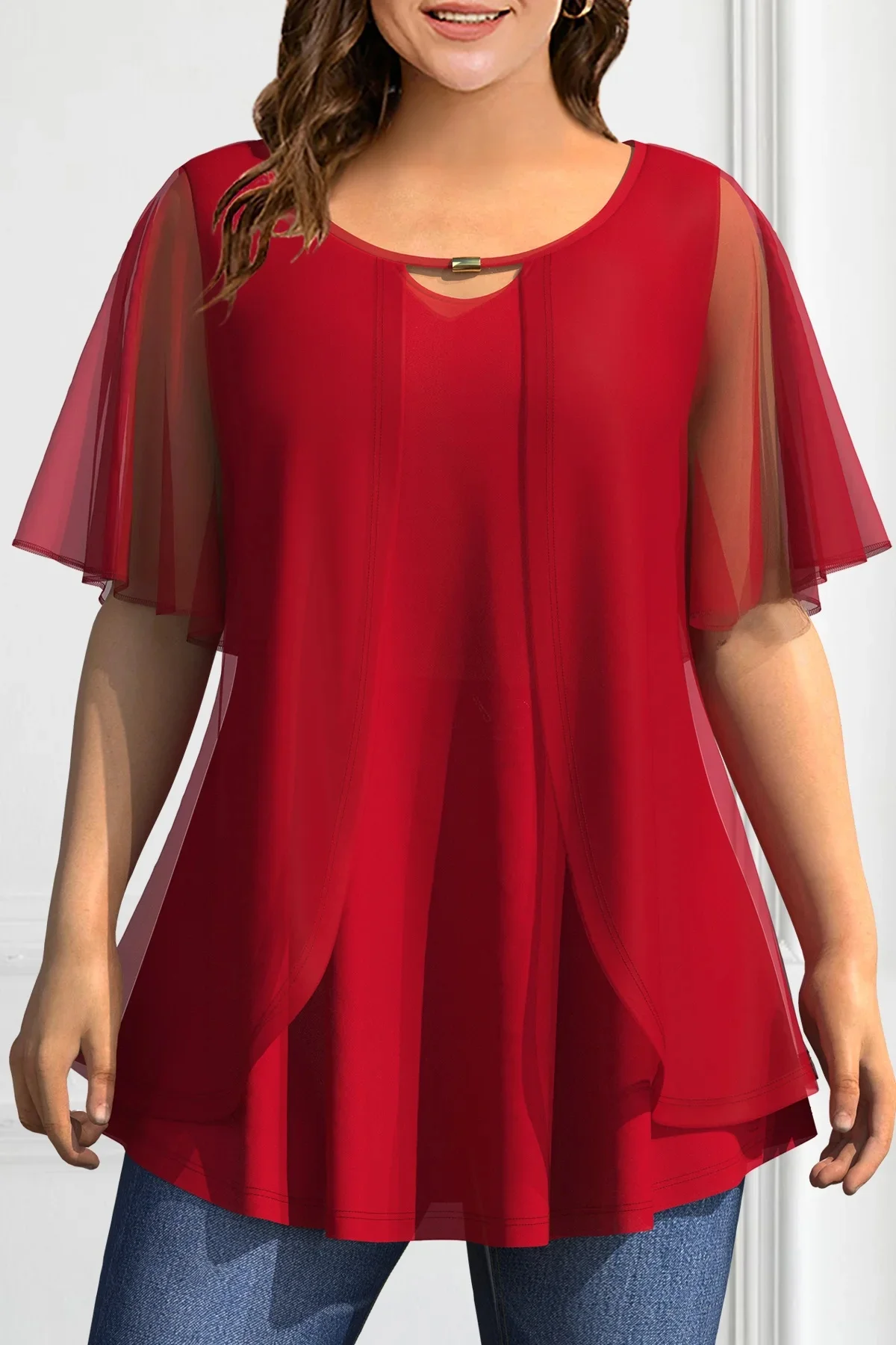 Plus Size Damska koszulka z czerwonego szyfonu Casual Crew Neck Ruffle Sleeve Fake Two Pieces Solid Mesh Stitching Summer Top 2024 — zdjęcie 2