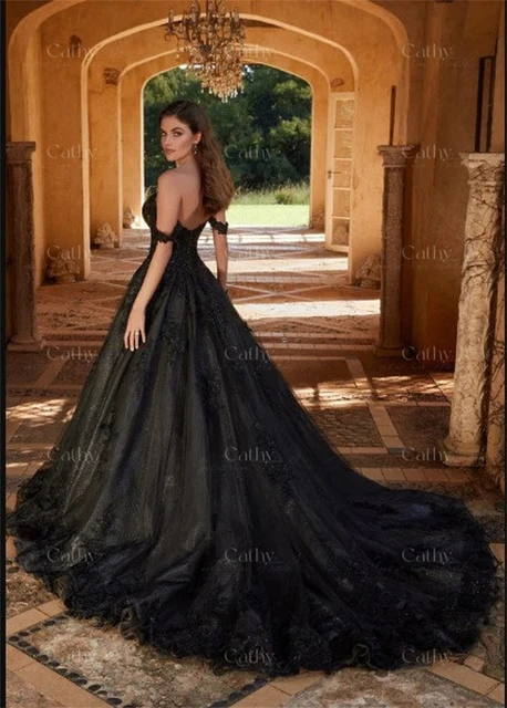 Abito da sposa nero lucido con spalle scoperte abito da sposa gotico nero Tull Sweep Train abito da sposa con ricamo in pizzo gotico AliExpress