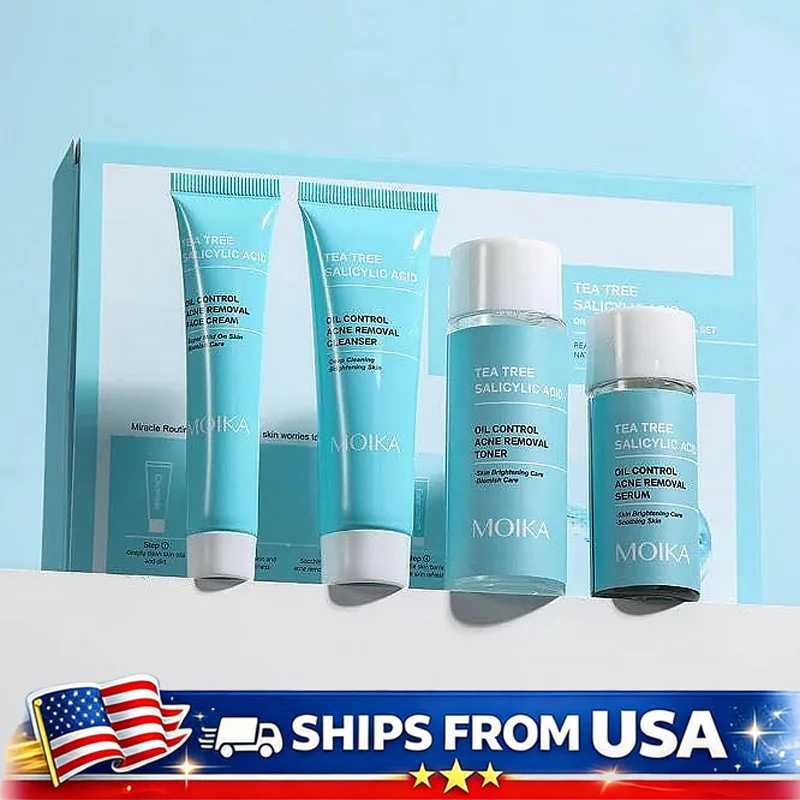 Set de Cuidado de la Piel con Aceite de Árbol de Té para Mujer, Kit de 4 Piezas con Limpiador, Tónico, Suero y Crema Facial, Control de Grasa, Tratamiento para el Acné, Antienvejecimiento