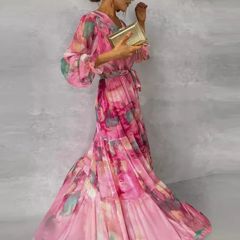 Robe imprimée plissée à col en V pour femme, robe longue élégante pour femme, tenue de mariage et de bureau, robes Maxi Boho A-Line, printemps et été 2024