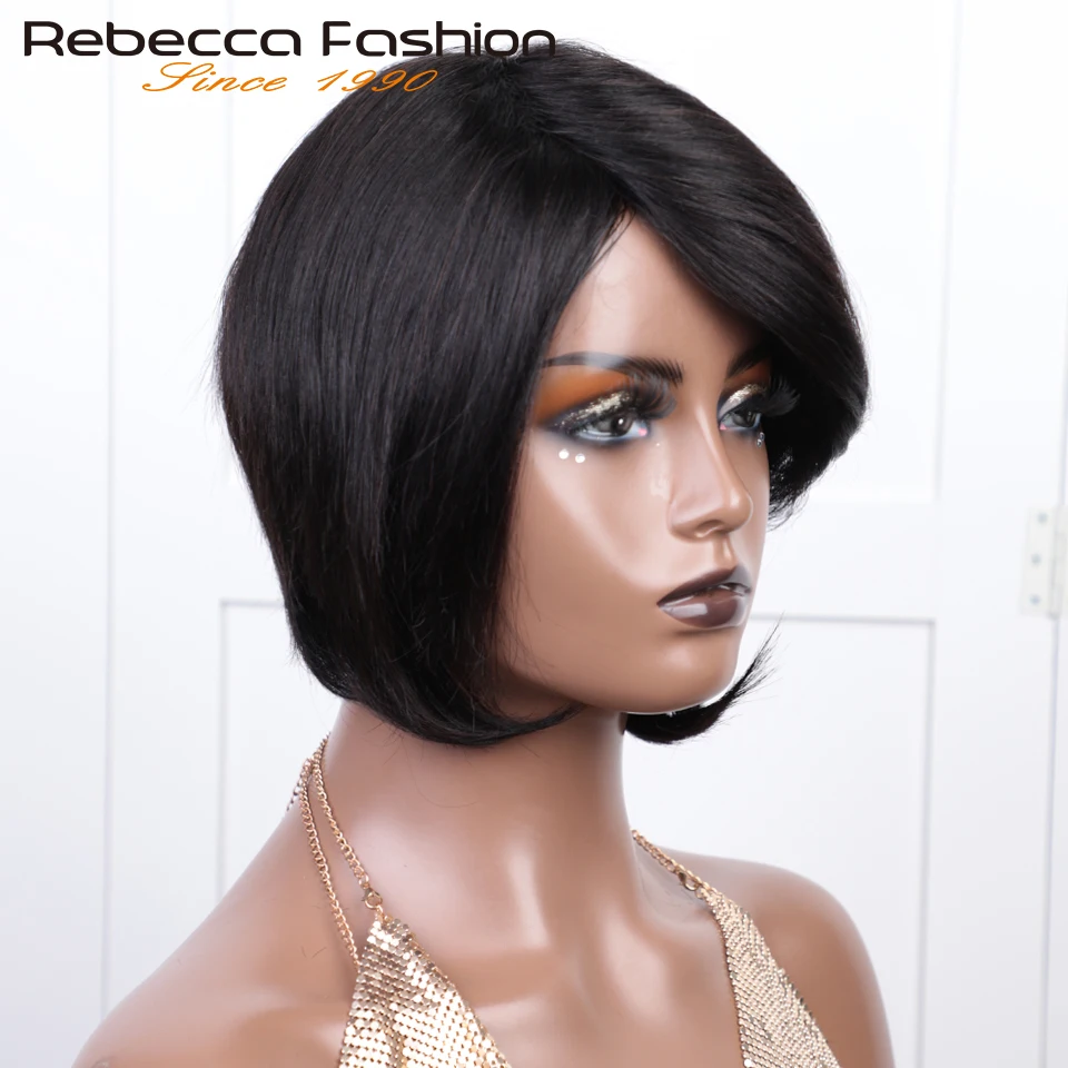 Glueless Pixie Short Cut Straight Human Hair Wigs Short Bob With  Long Side Part Bangs No Lace Brazilian Straight Bob Wigs