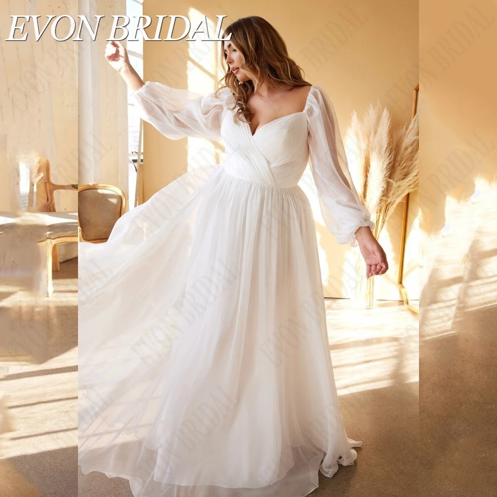 EVON BRIDAL Clássico Puff Mangas Plus Size Vestido de Noiva Duplo V-Neck A LinhEVON BRIDAL Clássico Puff Mangas Plus Size Vestido de Casamento Duplo