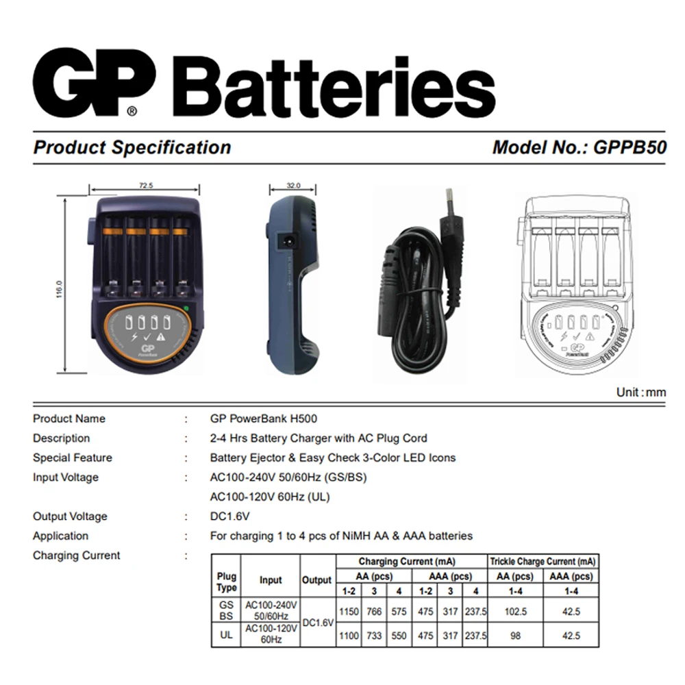 GP Battery Nickel-hydrogen Ni-Mh rechargeable battery battery 2 hours fast charger PB50 Panasonic Eneloop Faster Charger AA AAA Individual Rechargeable Battery Charger