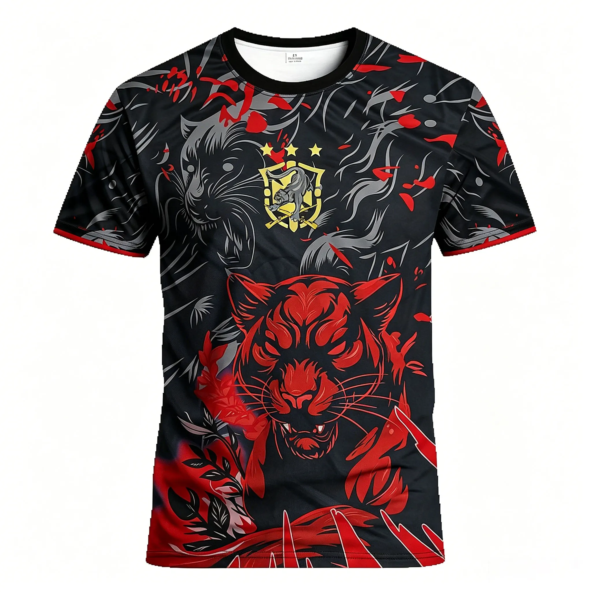 Herren-Sporttrikot mit schwarzem, rotem Panther-Klauen-Farbverlauf und durchgehendem Aufdruck, passendes, schnell trocknendes, kurzärmliges Fußball-Trainingsshirt für vorne und hinten