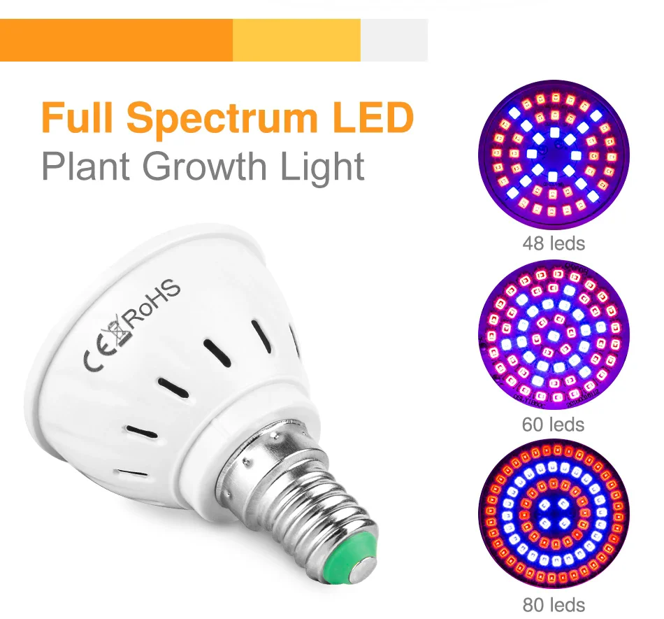 2pcs E27 E14 60LEDs Plant Grow Light Phyto Lamps Led Full Spectrum Growing Bulb for Greenhouse Hydroponics Growth Fitolampy