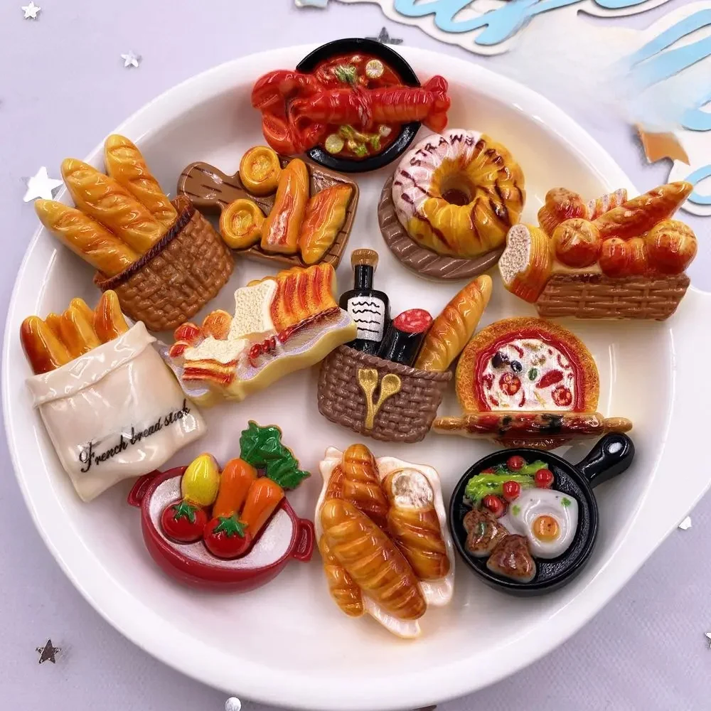 6/12 pièces résine coloré divers pain Croissant beignet homard oeuf Pan modèle Scrapbook dos plat 3D aliments Figurine bricolage décor à la maison