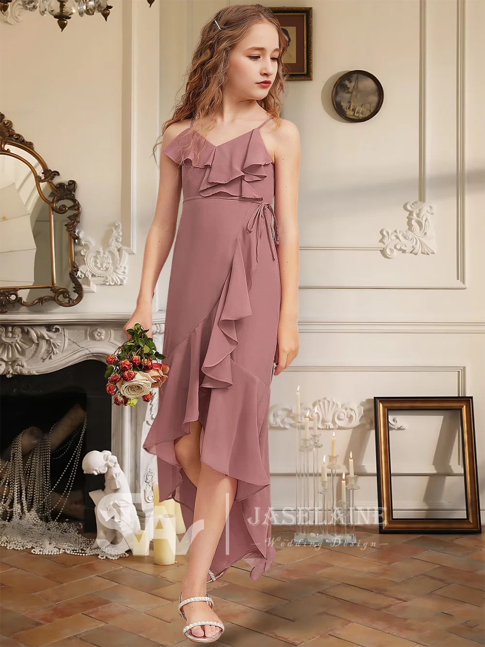 エレガントなシースコラム Vネック 非対称シフォン ジュニアブライズメイドドレス フラワーガールドレス ガールズパーティー ウェディング フォーマル スペシャル