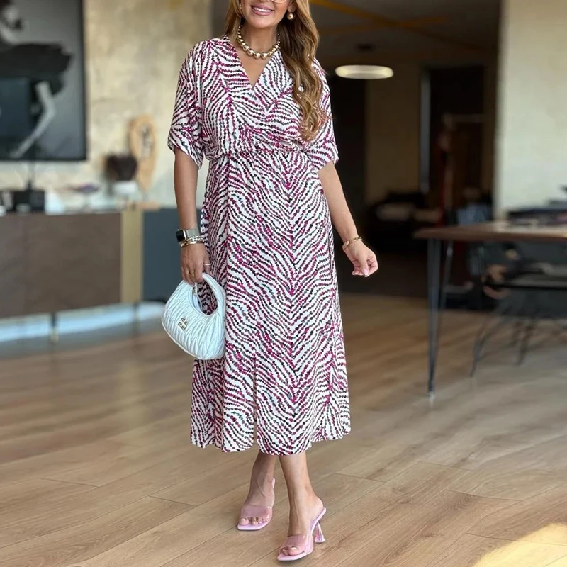 Abito estivo da donna con stampa Moda scollo a V Manica corta Vita alta Abiti da festa larghi per le donne Abito da vacanza al mare Boho Robe