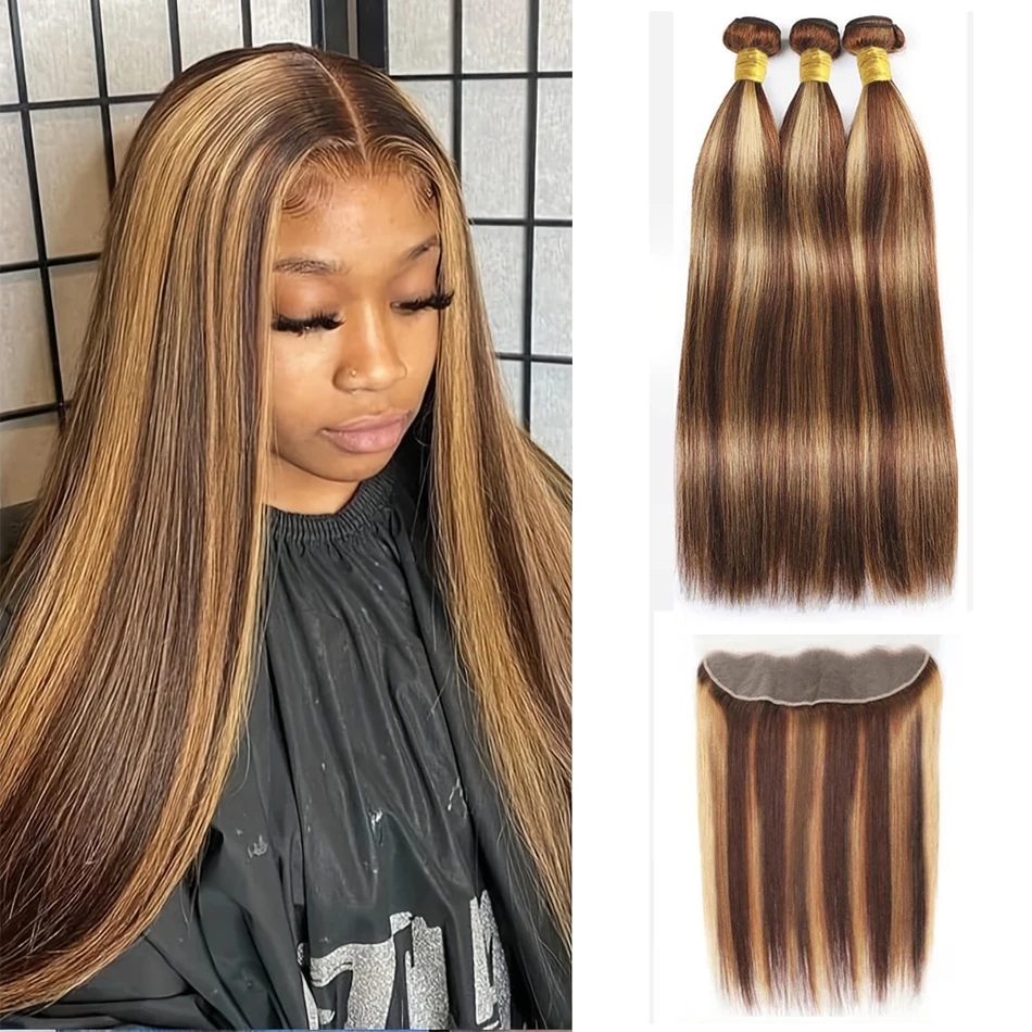 Bundles with Frontal P4/27 Ombre Honey Blonde Straight Brazilian Remy Human Hair 3/4 Bundles With 13x4 Transparent Lace Frontal