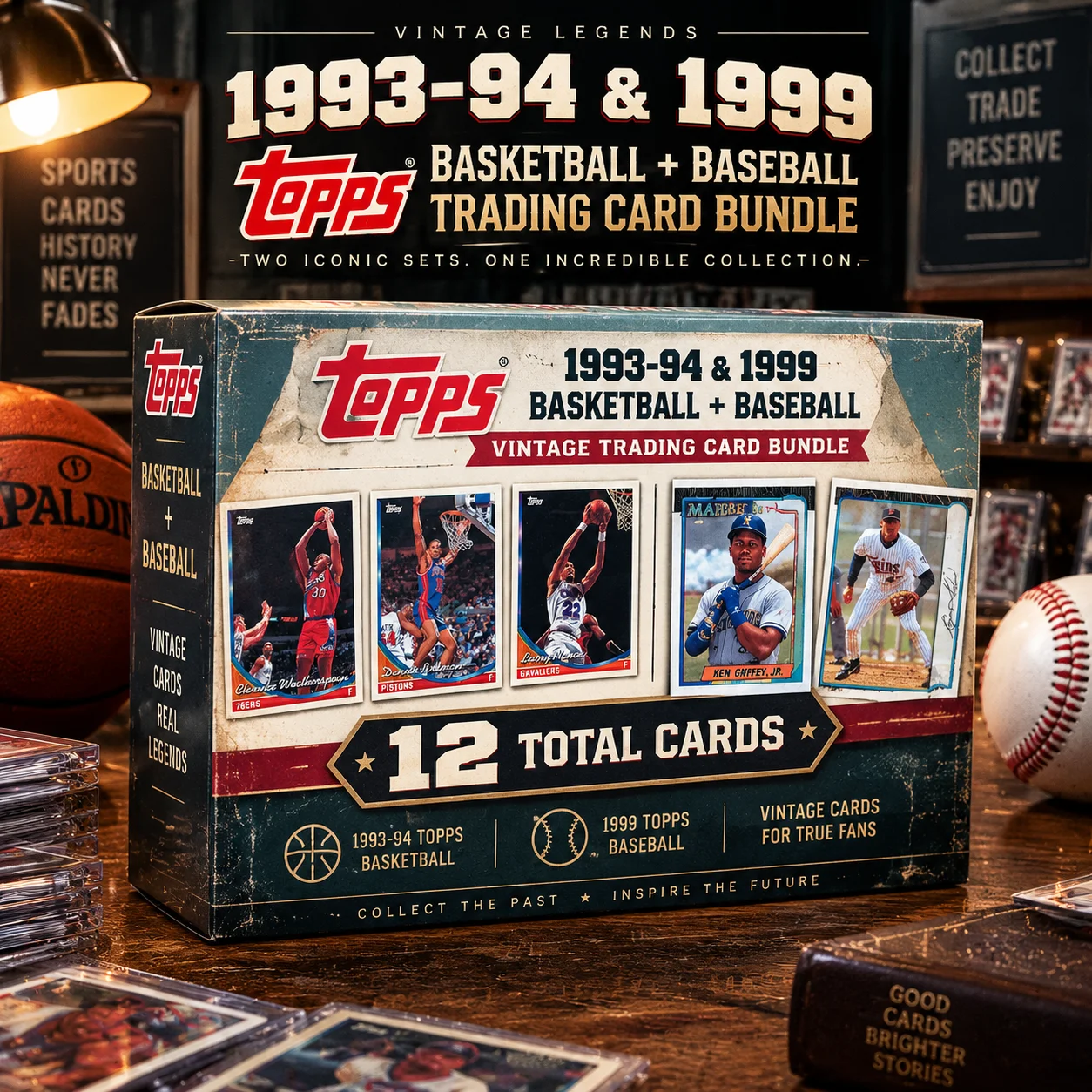 1993-94 & 1999 Topps Basketball Baseball Sealed Promo Pack Bundle, 12 Cards Total Vintage Sports Trading Card Collection for Collectors, Retro Card Displays, Hobby Collections & Classic Pack Enthusiasts