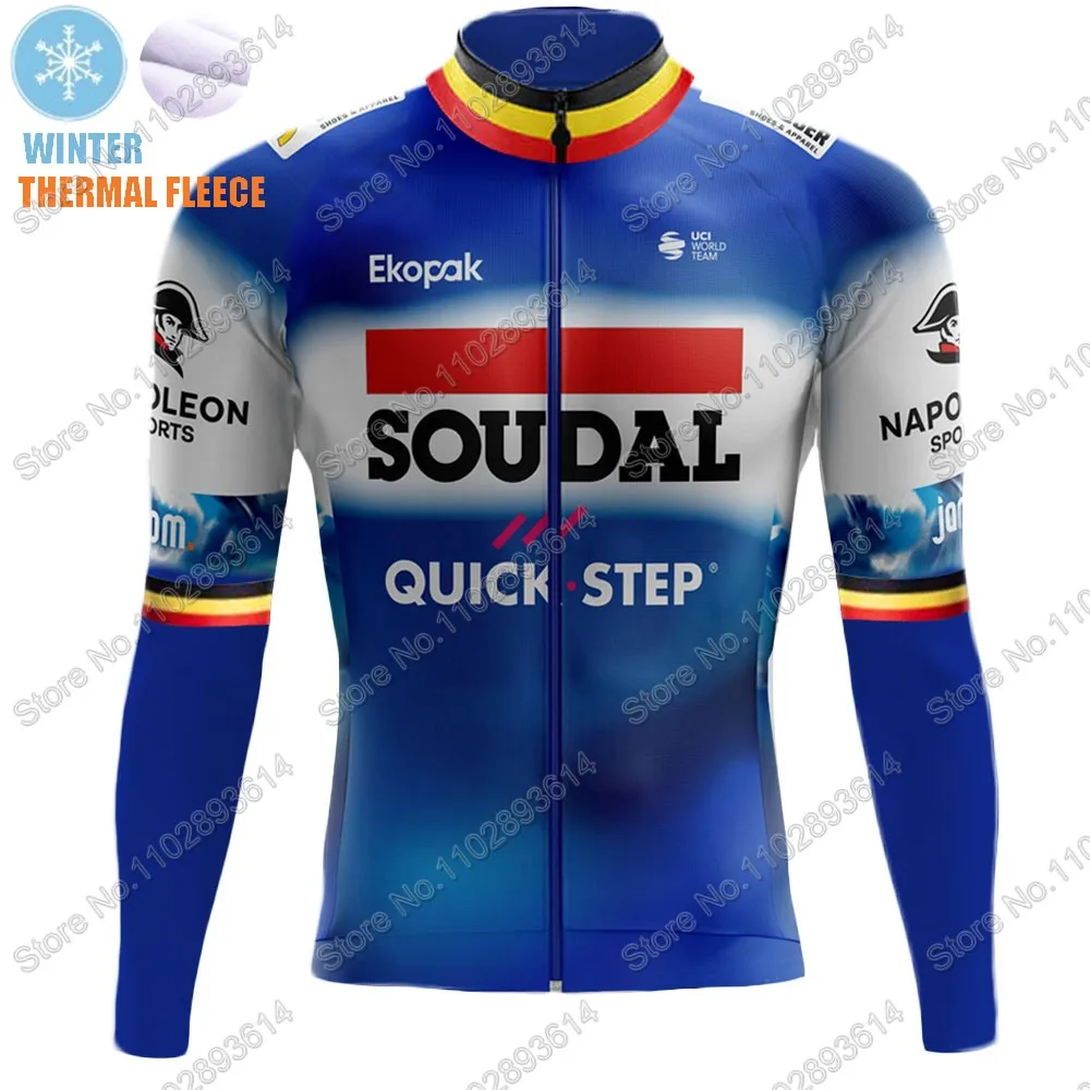 Soudal Quick Step 2024 Belgium Cycling Jersey Winter Clothing Set Thermal World Champion Long Sleeve Pants Bib Bike Suit MTB