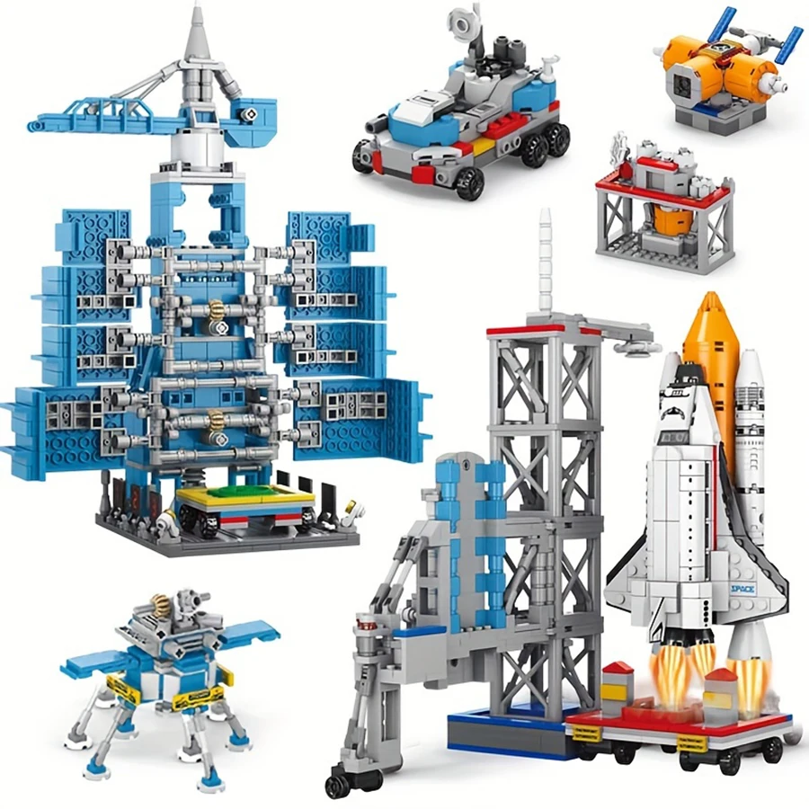 Blue aviation building block model. High-difficulty building block for aviation rockets, dream toys for aviation enthusiasts