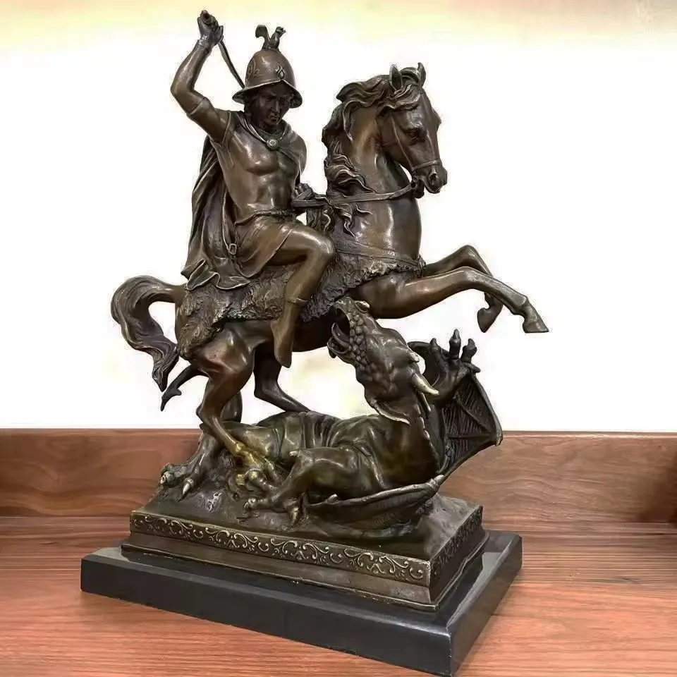 

Large Bronze Saint George Slaying The Dragon Statue Legendary Medieval Knight Sculpture Antique Handicrafts for Home Decoration