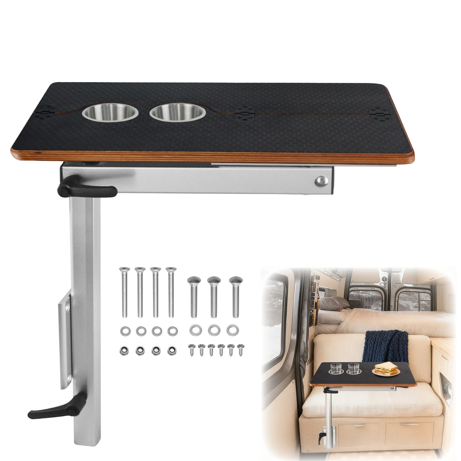 Table de camping-car réglable avec rotation à 360° °   Table pliante rotative 56x33x1.5cm, pieds de table en aluminium, 2 porte-gobelets inclus, haute capacité de charge