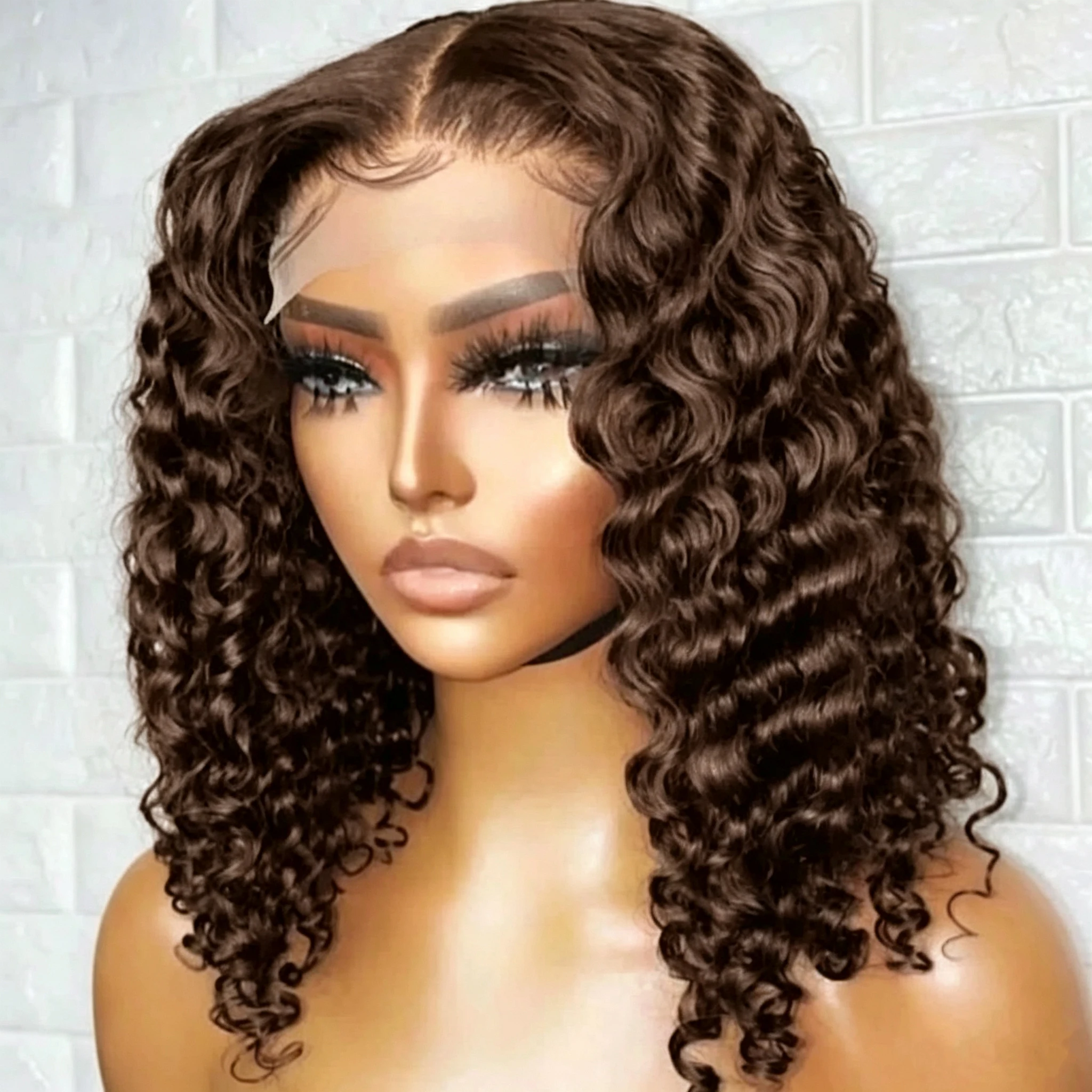 #4 Chocolate Brown Deep Wave Short Bob Wig Human Hair Pre-plucked Natural Hairline 13x4 Lace Front Wig Deep Curly Human Hair Wigs Beginner Friendly
