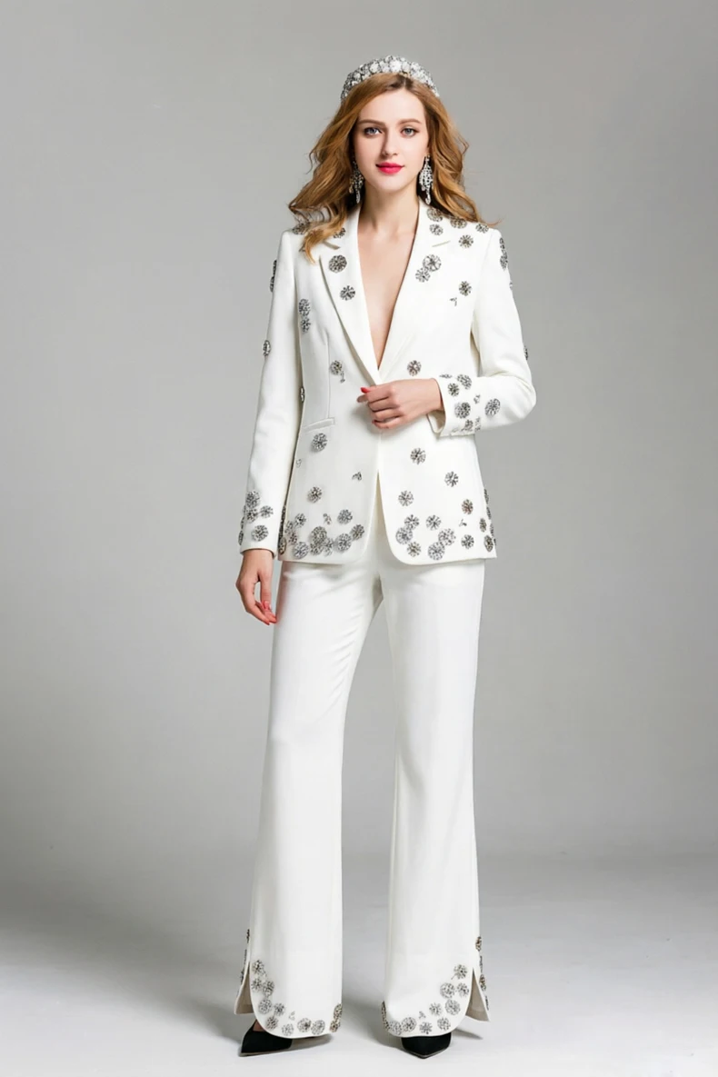 Women's Blazer & Pants Set - Notched Lapel Long Sleeve Suit with 3D Crystal Flower & Rhinestone Applique - Elegant Outfit S-XXL