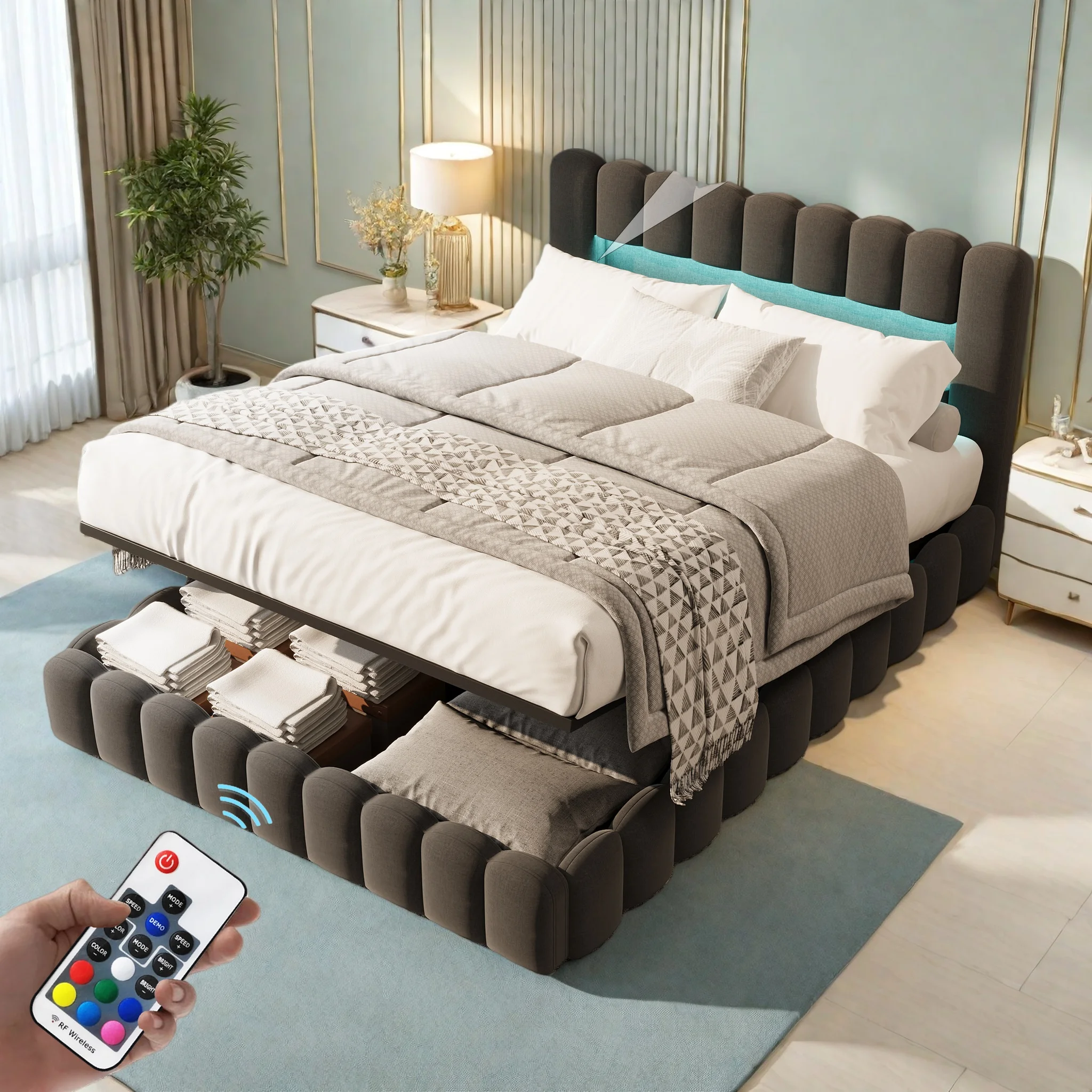 Anajqaqia, 180 x 200 cm Doppelbett, Hydraulikbett, Polsterbett, Bett mit viel Stauraum, Erwachsenenbett, Bett für Hotel-, Wohn- und Ferienwohnungen, Schlafzimmerbett, Jugendbett, robustes Bettgestell,