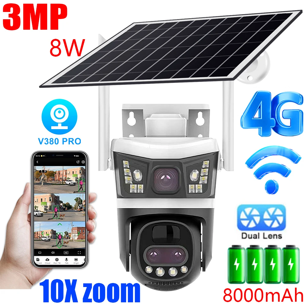 3MP HD 4G Dual Lens 10X Zoom Security Camera Outdoor IP Camera 8W Solar Panel Charge Automatic Alarm Wide angle PTZ V380 PRO