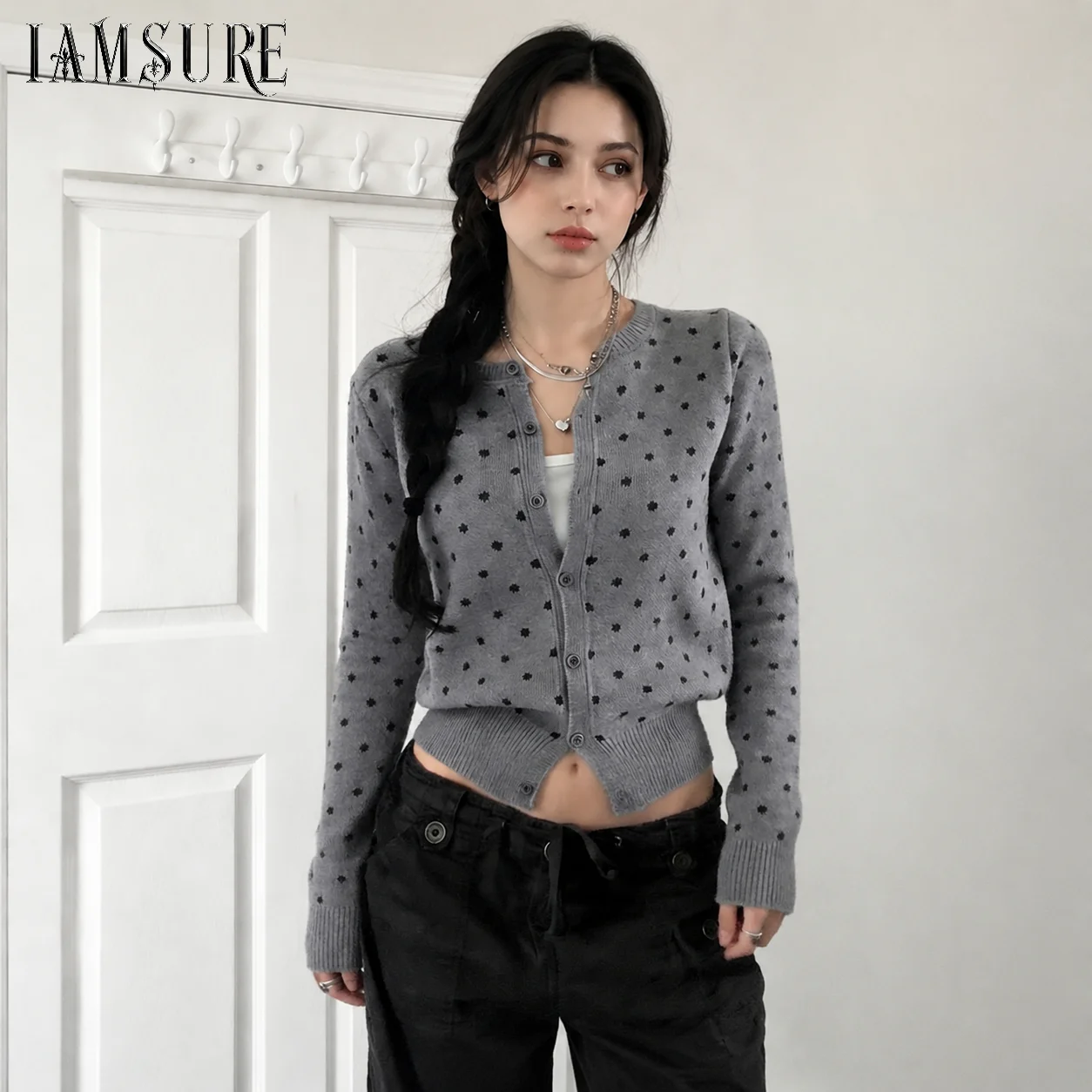 Women Grey Polka Dot Knit Cardigan Long Sleeve Button Front Cropped Sweater Casual Slim Fit Soft Knitwear Tops Spring Fall 2026