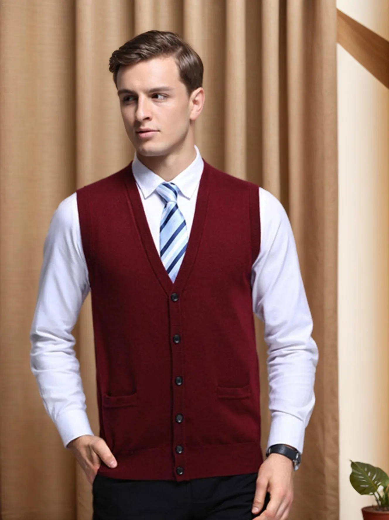 Men's Casual V-Neck Vest Lightweight Breathable Sleeveless Knitted Waistcoat