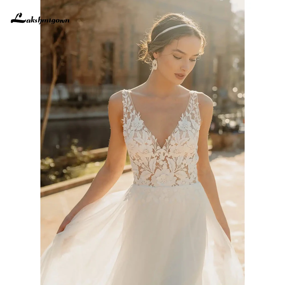 

Boho V Neck Spaghetti Straps Lace Top Backless Button Tulle A Line Wedding Dress Customized For Women Bridal Gowns vestidos robe
