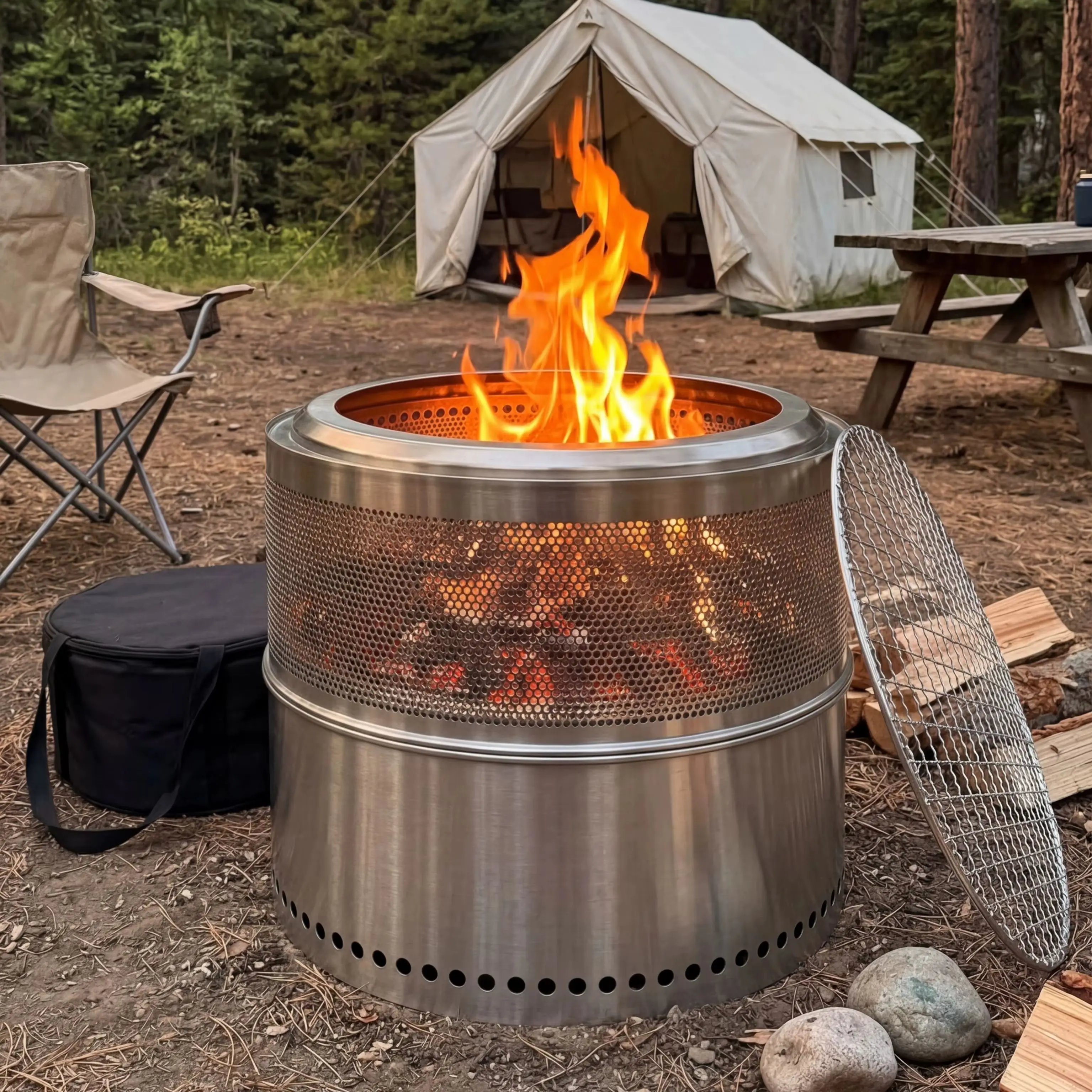 50 cm tragbare rauchfreie Feuerschale aus Edelstahl mit Grillrost, Feuerhaken und Mehrzwecktasche. Abnehmbarer Aschebehälter. Ideal für Terrasse, Garten, Camping und den Einsatz im Freien.